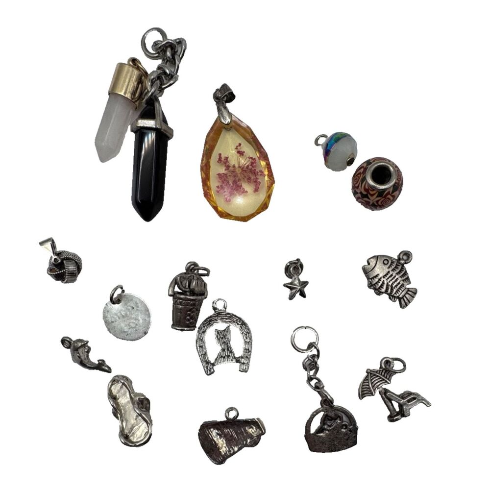 Lot of Charms Pendant for Repair/Parts Silver Tone Enamel Crystal Luck Bingo